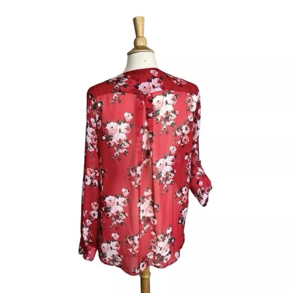 KUT From The Kloth Shirt Top L Roll Tab Sheer Colorful Floral Red Faux Wrap - Picture 3 of 8